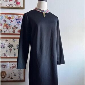 Vintage 70s Black Embroidered Maxi Dress | Mock Neck | M/L
